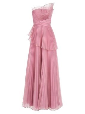 NWT Theia One-Shoulder Pleated Chiffon Gown in Dusty Rose